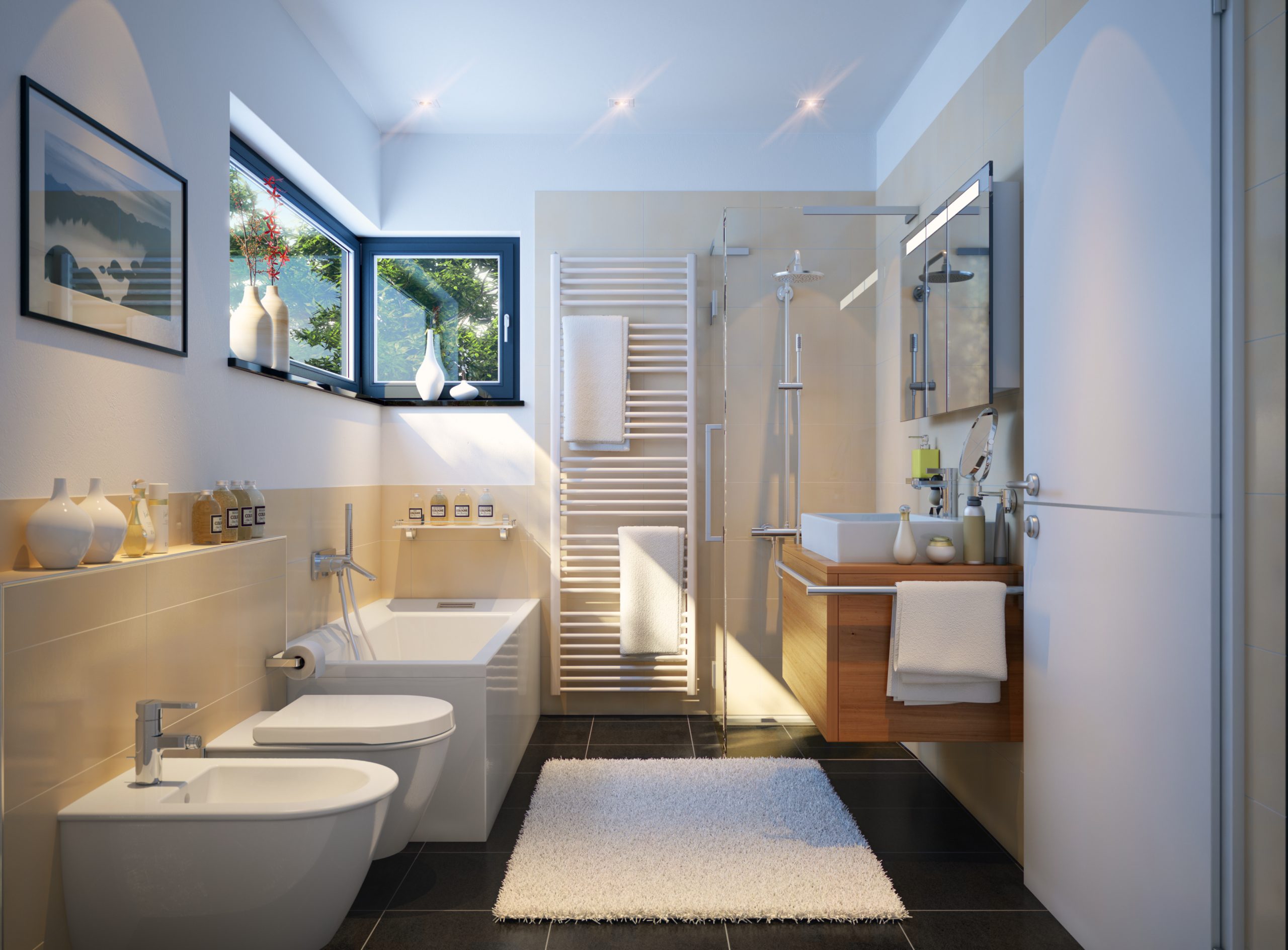 Helles, modernes Badezimmer mit Badewanne und Dusche